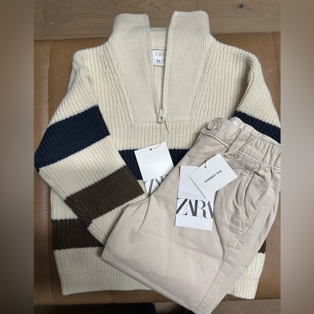 Zara Boys’s Cream, Navy, and Brown Zip-Up Sweater & Chinos
